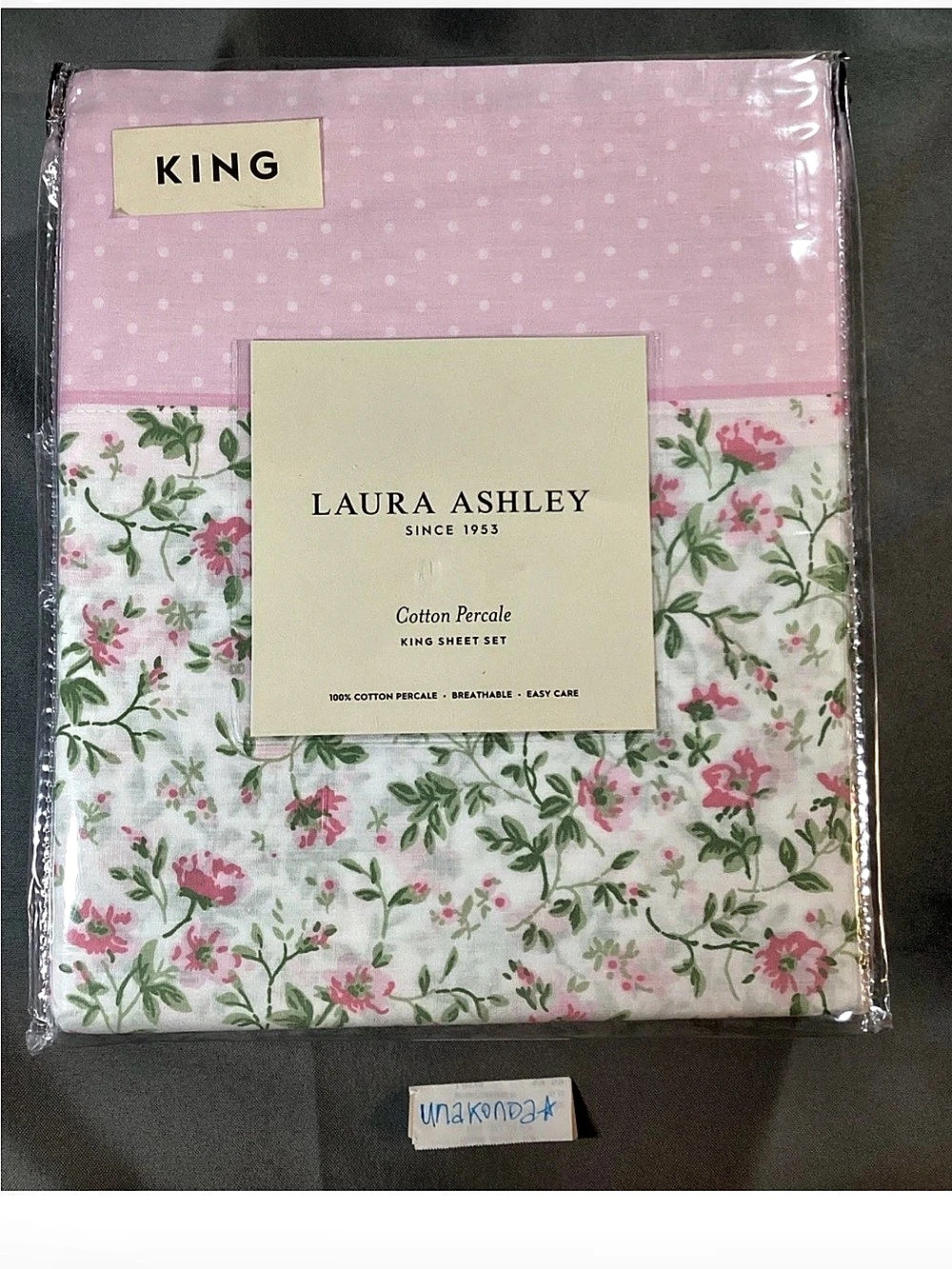 NEW Laura Ashley Cotton Percale King Sheet Set Bonnie Pink polka dot / floral